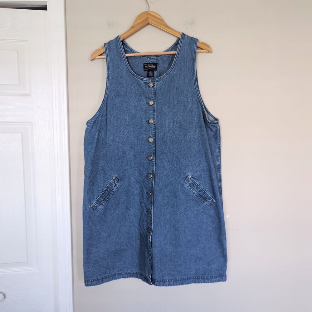Vintage Sonoma Button Down Denim Sleeveless Dress Large Layering